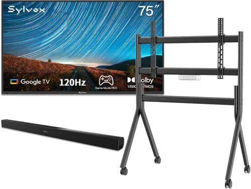 SYLVOX TV para exteriores con soporte rodante y barra de sonido, televisores inteligentes 4K de 75 pulgadas, 120 Hz, resistente a la intemperie e
