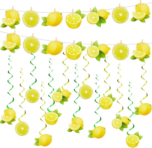 Lewtemi 22 decoraciones de fiesta de limón incluyen 2 carteles de limón, 20 limones colgantes, remolinos de limonada cítrica, decoraciones para