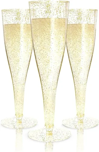 Miniatura 18 de Prestee 48 Copas de Champán de Plástico Desechables con Borde Dorado con Purpurina - Vasos Transparentes para Brindis de Mimosa, Fiesta de Año Nuevo