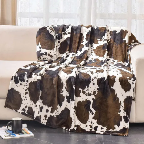Bnuitland Manta de franela con estampado de vaca marrón (50x70 pulgadas) con bolsa de almacenamiento, manta decorativa de doble cara súper suave y