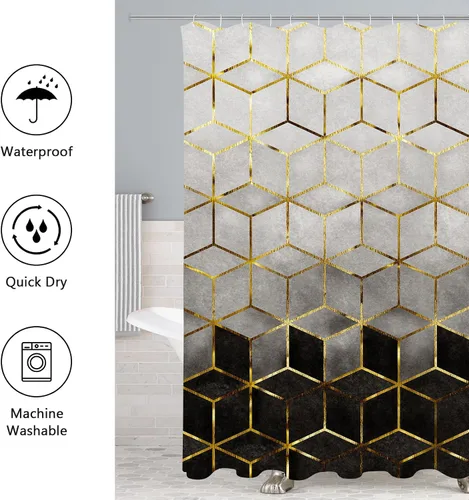 Miniatura 5 de Gibelle Juego de 4 cortinas de ducha de baño con alfombras antideslizantes, cubierta para tapa de inodoro y tapete de baño, líneas cúbicas doradas