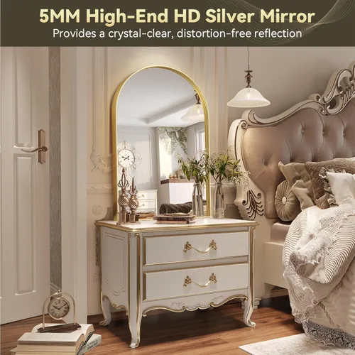 Miniatura 4 de Brightify - Espejo arqueado dorado de 24 x 32 pulgadas, espejo de pared con marco de metal de latón para baño, espejo arqueado superior para tocador