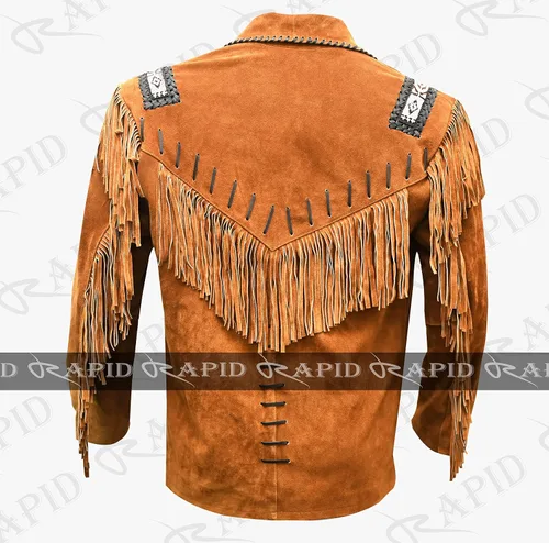 Miniatura 2 de Chaqueta de cuero vaquero occidental para hombre, gamuza real y flecos, abrigo nativo americano, color marrón tostado, talla 3XL grande RP-786 0