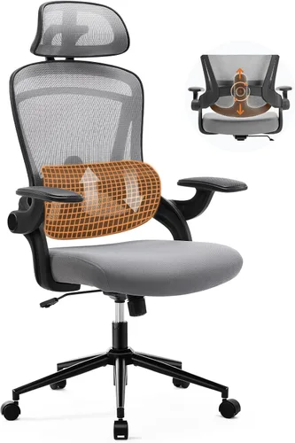 Miniatura 7 de Silla de oficina ergonómica de malla, silla de escritorio de computadora con respaldo alto con reposacabezas ajustable y soporte lumbar, silla Gris