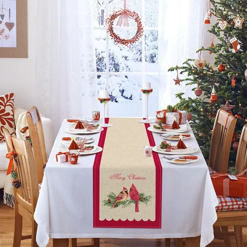 Miniatura 2 de Bonhause Camino de mesa cardenal rojo navideño de 13 x 72 pulgadas, pájaro en rama de pino estacional, invierno, vacaciones, cocina, comedor