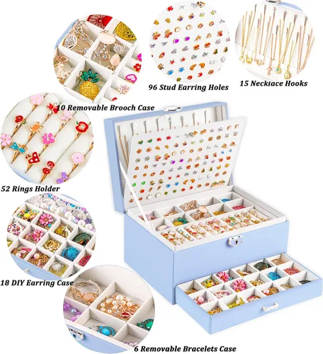 Miniatura 65 de Joyero de pendientes para mujeres y niñas, organizador de aretes de 5 capas, caja organizadora de joyas blanca con candado, collares y aretes