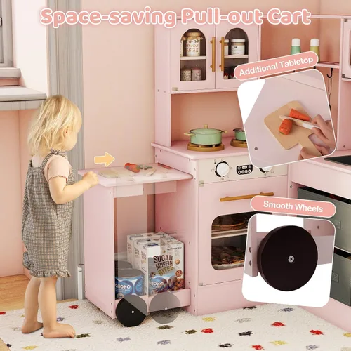 Miniatura 2 de Costzon Cocina de Juego de Esquina, Pequeño Chef Cocina de Juego de Simulación con Luz y Sonido Reales, Carrito Extraíble, Contenedores de Tela