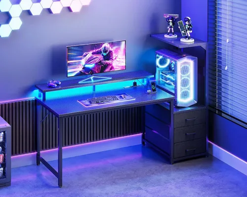 Miniatura 2 de Casaottima - Escritorio de 52 pulgadas para juegos con puertos de carga USB y luz LED - Escritorio reversible para computadora con 3 cajones