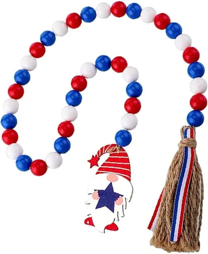 Miniatura 6 de CYee Guirnalda patriótica de cuentas de madera del 4 de julio con borlas rústicas para colgar en la pared con etiqueta de bandera estadounidense 2