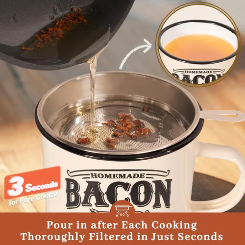 Miniatura 4 de Recipiente para grasa de tocino con colador - Con espátula de silicona de grado alimenticio de 24oz, recipiente rústico de grasa esmaltado