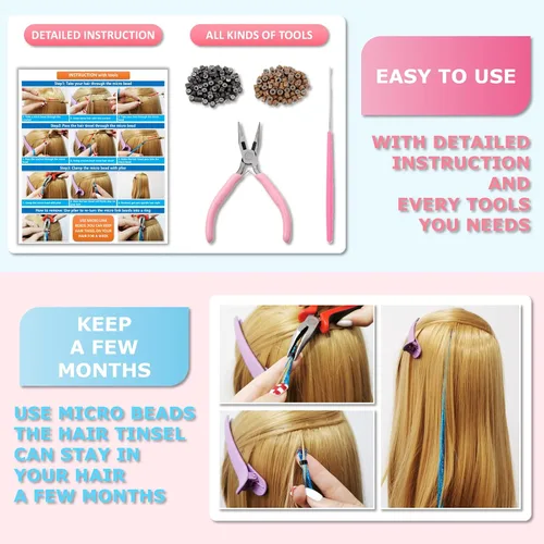 Miniatura 5 de Kit de oropel de cabello arcoíris con herramientas e instrucciones, fácil de usar, 1200 mechones, 48 pulgadas, extensiones de cabello con purpurina