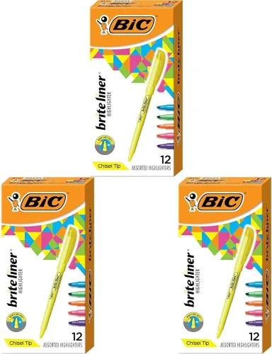 BIC Brite Liner Highlighters, Chisel Tip, 12-Count Pack of Highlighters Assorted Colors, Ideal Highlighter Set for Organizing and Coloring (Pack of