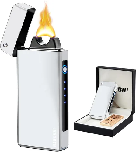 Miniatura 8 de BABOBIU Encendedor de plasma recargable, encendedor de arco, encendedores a prueba de viento, cuerpo de metal, pantalla de batería, botón de llama