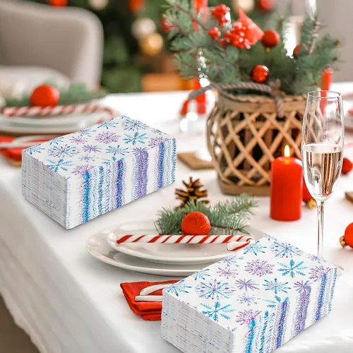 Miniatura 4 de 80 servilletas de Navidad con copos de nieve desechables de papel de copos de nieve azules y morados, servilletas decorativas de Navidad