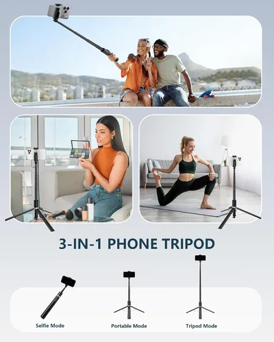 Miniatura 7 de Trípode automático para teléfono, 67 pulgadas de despliegue automático para selfie stick con control remoto, giratorio de 360°, extensible