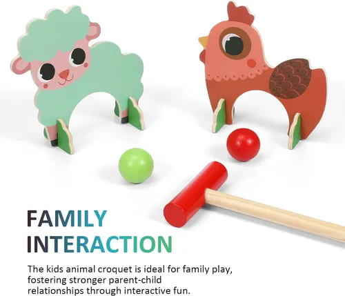 Miniatura 4 de TOYANDONA Juego de croquet para niños, juego de croquet de animales de madera de dibujos animados, divertidos juegos de césped para niños y niñas