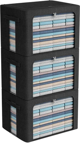 Miniatura 24 de CYhom Paquete de 3 contenedores plegables de almacenamiento - Caja de almacenamiento con marco de tela de lino apilable para ropa con ventana