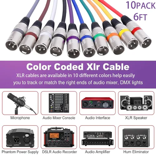 Miniatura 2 de Cable XLR de 10 colores, multicolor XLR macho a hembra, cables de audio de 6 pies, paquete de 10 cables de micrófono XLR equilibrados de 3 pines