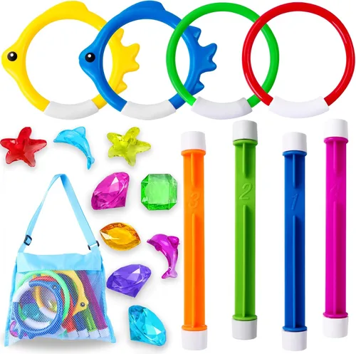 YUJUN 18 piezas de juguetes de buceo y natación para piscina, juegos de verano subacuáticos con peces de piscina, varillas de buceo, anillos, gemas