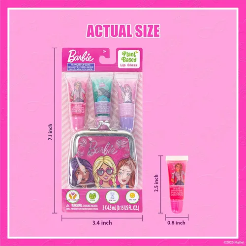 Miniatura 4 de Barbie - Paquete de 3 brillos de labios hidratantes con bolso, juego de maquillaje para niñas, perfecto para fiestas, fiestas de pijamas y regalos