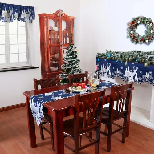 Miniatura 6 de Camino de mesa bordado azul marino para Navidad y reno (13 x 69 pulgadas)