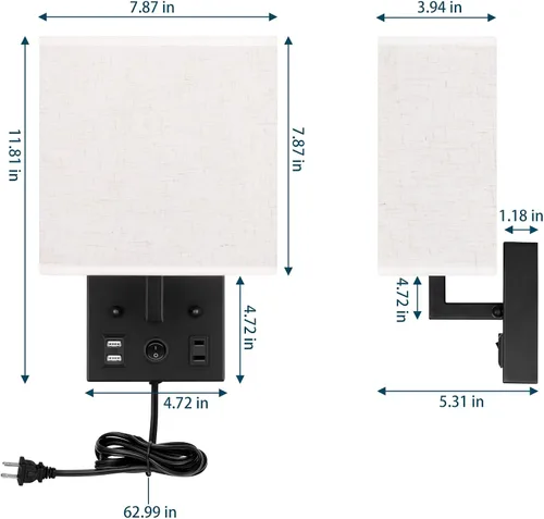 Miniatura 2 de Juego de 2 apliques de pared negros para dormitorio, aplique de pared enchufable con puertos USB y tomas, lámpara de pared moderna para espejo