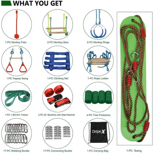 Miniatura 9 de Dripex - Carrera de obstáculos ninja warrior de 50 pies para niño con accesorios completos, columpio, trapecio, escalera de cuerda, red
