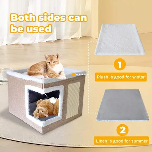 Miniatura 5 de Cama para gatos de interior, casa cubo, cama grande cubierta para gatos, cueva y muebles con bola esponjosa y almohadilla para rascar, nido