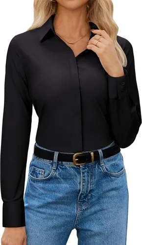 siliteelon Womens Button Down Shirt Stretch Dress Shirt Collared Long Sleeve Hidden-Button Work Shirt Wrinkle-Free Blouse