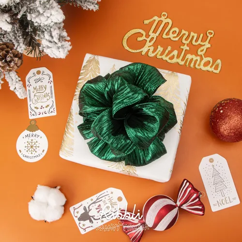Miniatura 2 de Ribbli - Cinta de alambre ondulada verde bosque con borde metálico, cinta de Navidad verde bosque para guirnalda, coronas, moño de la parte
