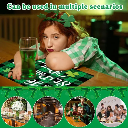 Miniatura 7 de Juego de 6 manteles individuales del Día de San Patricio de cuadros búfalo de plástico, manteles individuales de trébol de la suerte bendecidos