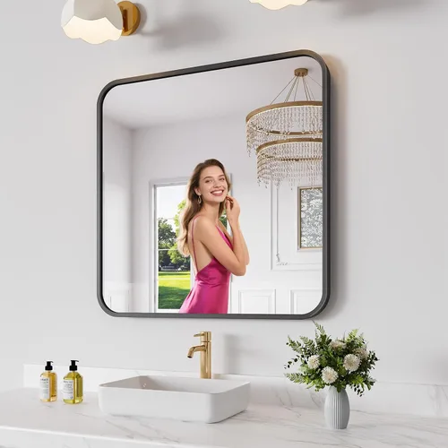 Koonmi Espejo de baño, 30 x 30 pulgadas, espejo con marco de metal negro para baño, vidrio templado, antioxidante, espejo rectangular redondeado
