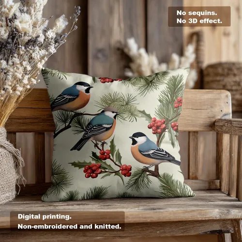 Miniatura 6 de Fundas de almohada con diseño de pinos y pájaros, bayas rojas, hojas de acebo, fondo beige, funda de cojín de mezcla digital, funda de almohada