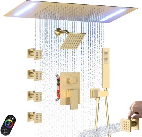 ENGA - Sistema de ducha doble LED de lluvia, cabezal de ducha grande de 14 x 20 pulgadas + ducha de pared de 6 pulgadas, 4 chorros corporales con