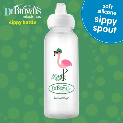 Miniatura 2 de Dr. Brown's Milestones - Botella sipper estrecha, 100% silicona con pico suave, 8 onzas/250mL, diseño de flamenco y conejito, a partir de 6 meses