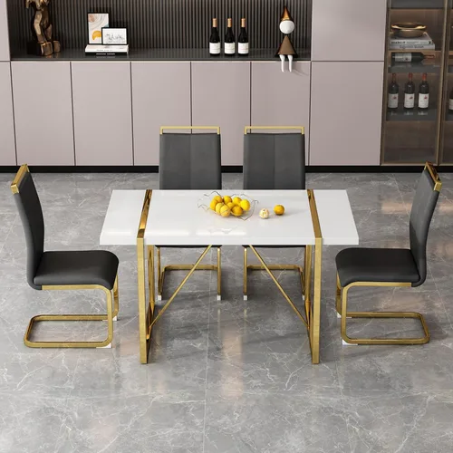 Miniatura 31 de Mesa de comedor Ebullient para 4, mesa de comedor rectangular negra de MDF, tapa de mesa de cena de mármol falso, mesa de comedor moderna con marco
