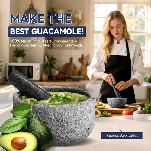 Miniatura 3 de Koville Juego de mortero y mortero de granito, 6.3 pulgadas - 2 tazas de molinillo de piedra sin pulir para guacamole, salsa, trituradora