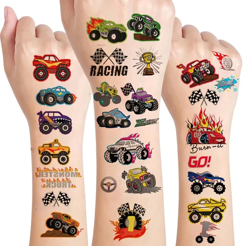 150 tatuajes temporales precortados de Monster Truck Race Car para niños | Recuerdos de fiesta de cumpleaños temáticos súper lindos, suministros,
