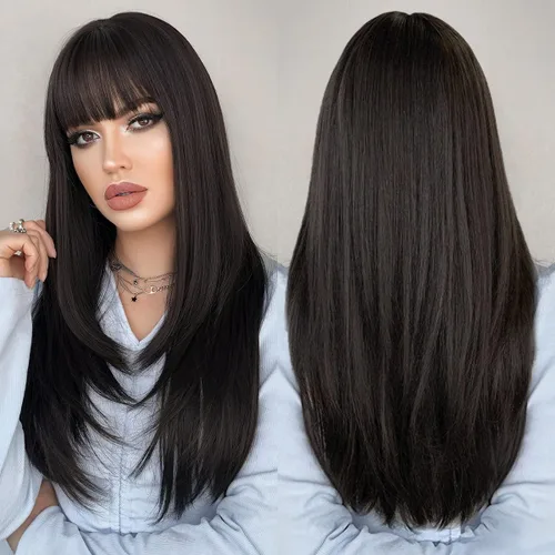 Miniatura 12 de PARK YUN 27IN Cool Ash Platinum Blonde Straight Wig with Bangs Long Layered Synthetic Wig Shadow Root Light Beige Blonde Hair Heat Resistant Natural