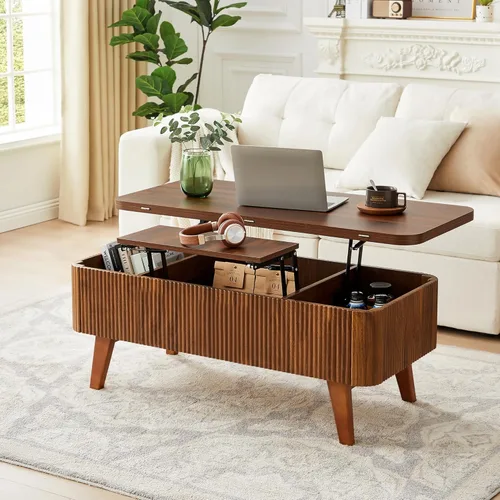 Miniatura 7 de Mesa de centro elevable 3 en 1, mesas de centro convertibles acanaladas que se convierten en mesas de comedor, moderna mesa central de madera Nuez 3