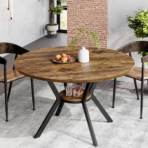 MECHYIN Mesa de comedor redonda para mesas de cocina y comedor de madera de 2 a 4 pulgadas con almacenamiento, mesa de comedor circular con patas de