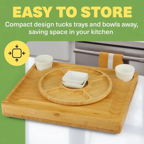 Miniatura 7 de Dynamic Gear Tabla de charcutería con cajones extraíbles, juego de tablas de queso de bambú expandible con utensilios, cuencos, bandejas