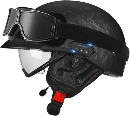 Miniatura 21 de Casco de cara abierta con Bluetooth para hombres y mujeres, casco retro de estilo alemán con diseño de calavera, visera con gafas, casco de media