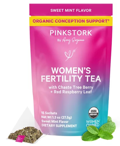 Pink Stork - Té de fertilidad para la concepción y el equilibrio hormonal con menta orgánica, Vitex y hoja de frambuesa roja, sin cafeína, menta