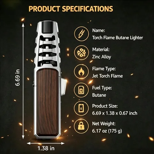 Miniatura 7 de Encendedor de antorcha de butano, soplete recto resistente al viento, encendedor de llama azul, encendedor de turbina, encendedor de cocina Negro