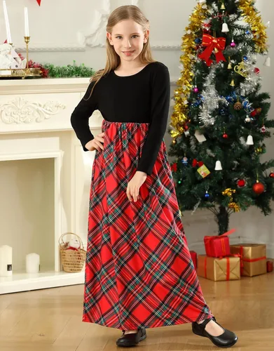 Miniatura 4 de KYMIDY - Vestido largo para niña, casual, a cuadros estilo Buffalo, de manga larga, con bolsillos (para niñas de 6 a 14 años)