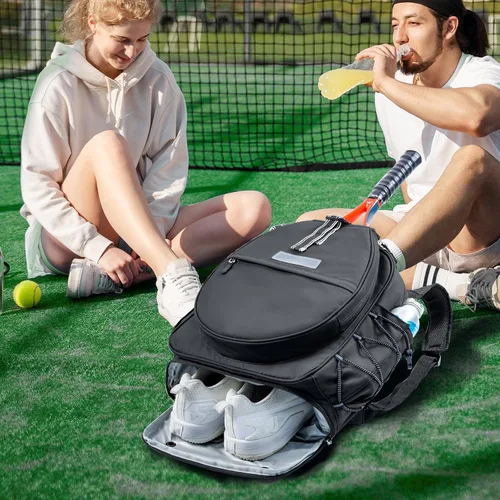 Miniatura 8 de Mochila de Tenis con Soporte para 2 Raquetas, Bolsa de Raqueta de Tenis de Cuero PU Resistente al Agua para Mujeres y Hombres, Mochila Deportiva