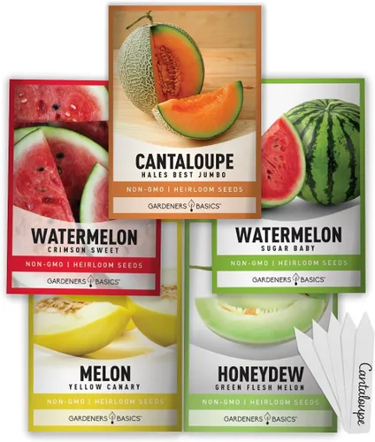 Gardeners Basics, semillas de melón para plantar en el jardín de casa, paquetes de 5 variedades - Hales Best Cantaloupe, Crimson Sweet Watermelon,