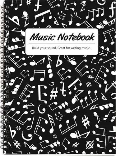 Miniatura 12 de Cuaderno con hojas en blanco para música, composición, manuscrito, con diseño de teclado de piano, 50 hojas, 26 x 19 cm., negro (Black Piano)