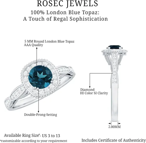 Miniatura 6 de Anillo de compromiso con halo de diamantes de topacio azul londinense certificado, calidad AAA, anillo de diamantes de topacio azul natural